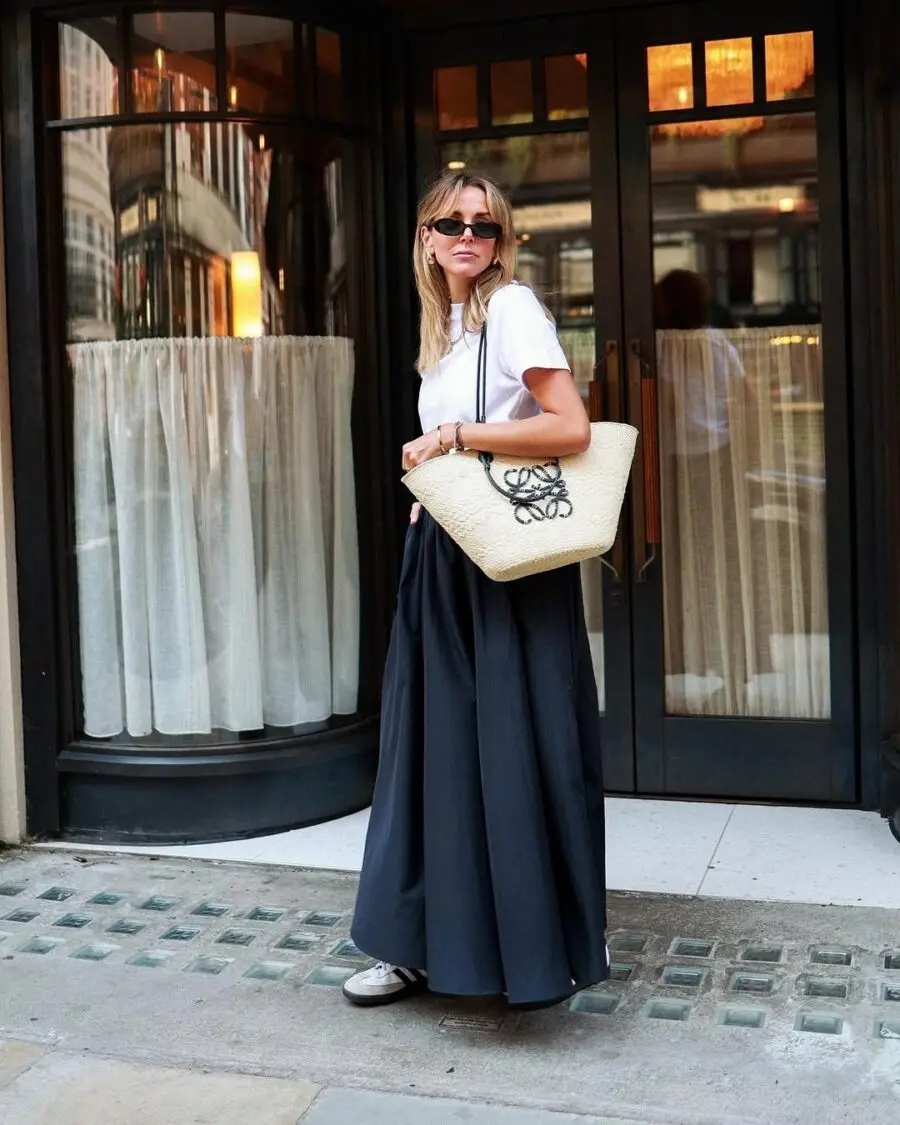 Chic long skirt paired with casual accessories