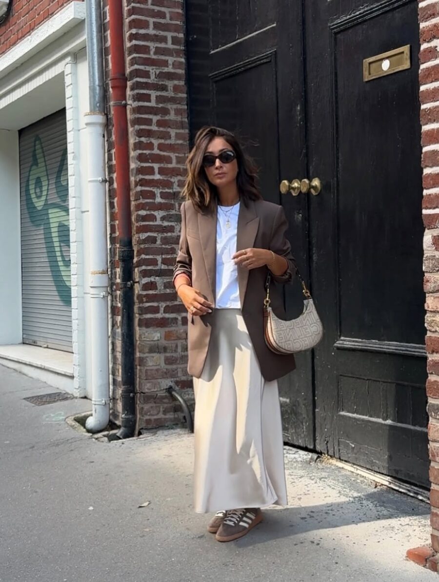 Chic Long Skirt with Brown Blazer Ensemble