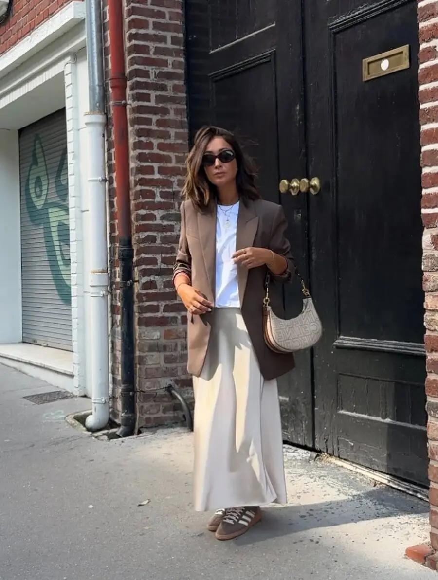 Chic Long Skirt with Brown Blazer Ensemble