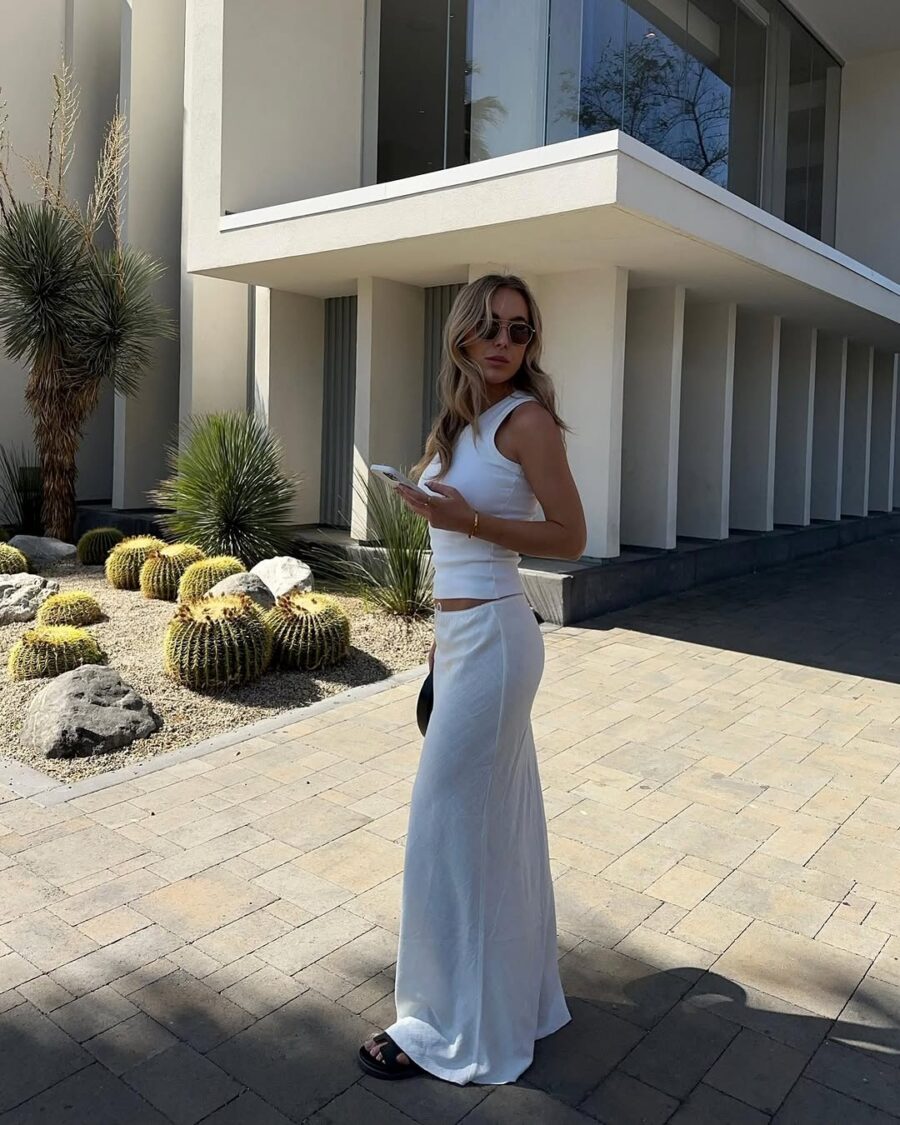 Effortlessly chic white long skirt outfit