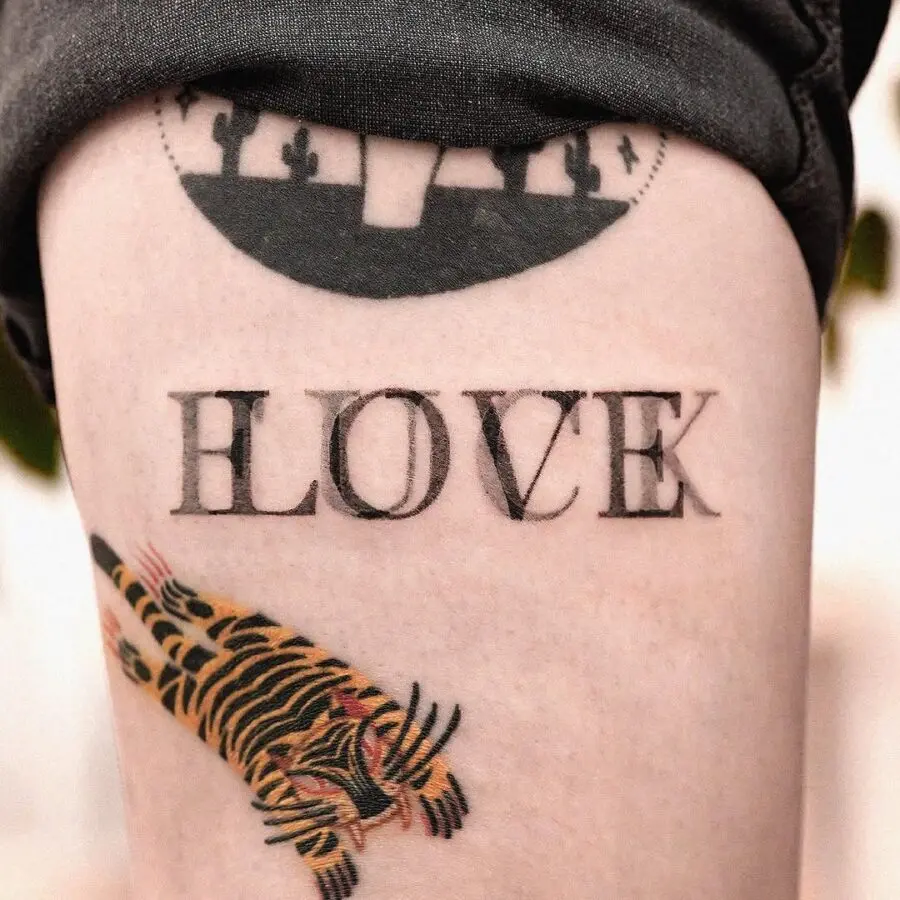 Stylish 'LOVE' Tattoo with Tiger Illustration