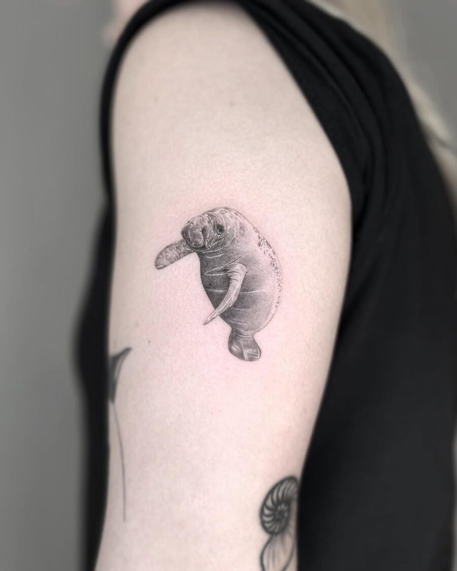 Realistic manatee tattoo on bicep