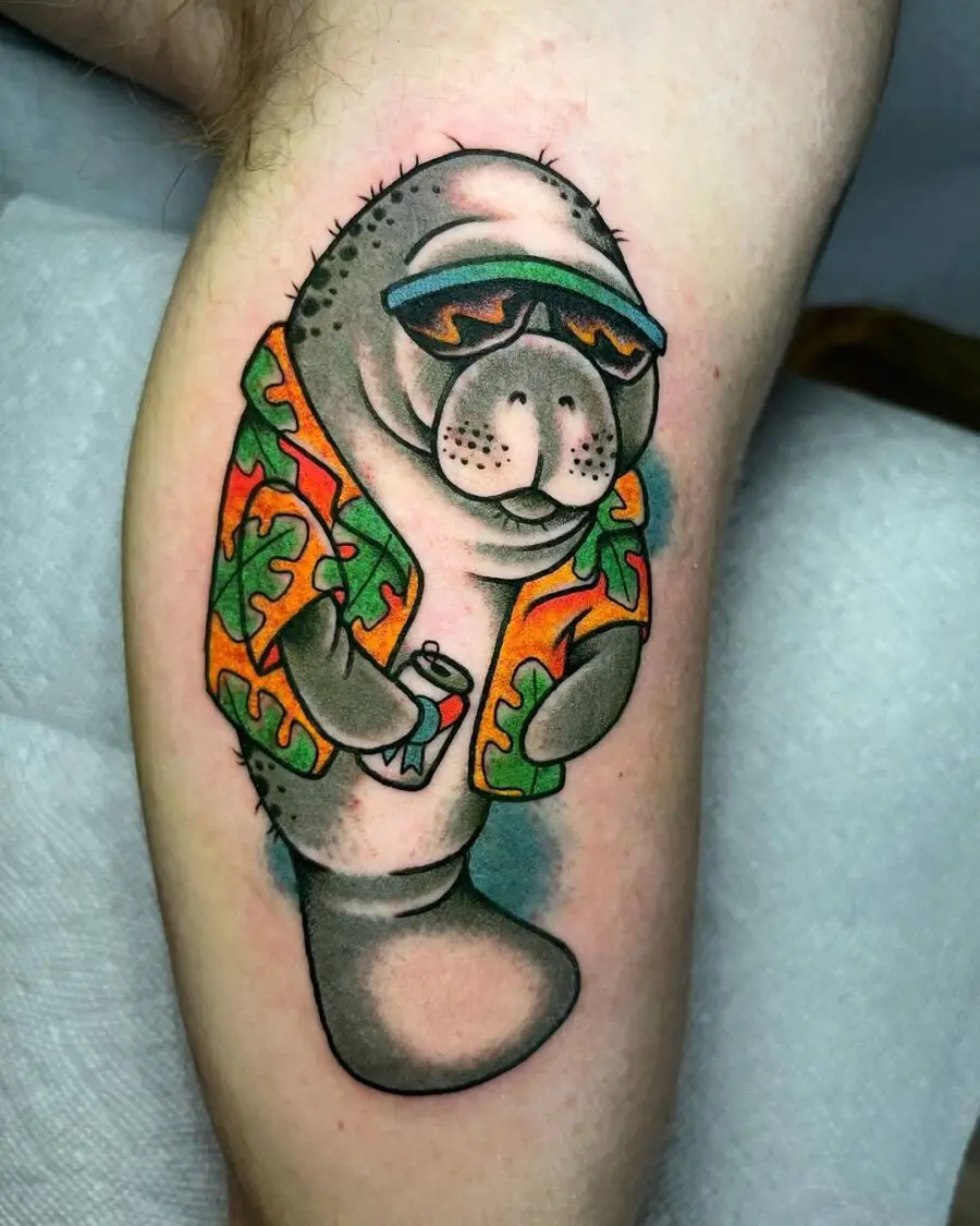 Playful manatee tattoo in summer attire