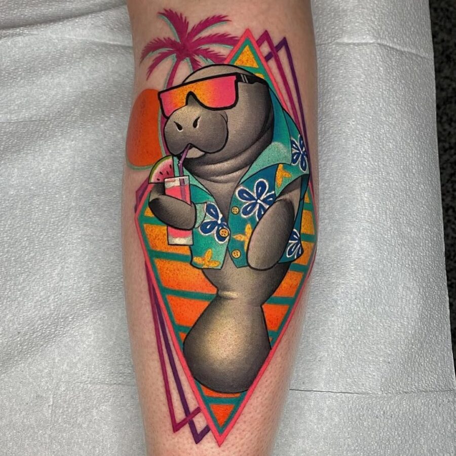 Playful manatee tattoo exuding summer vibes