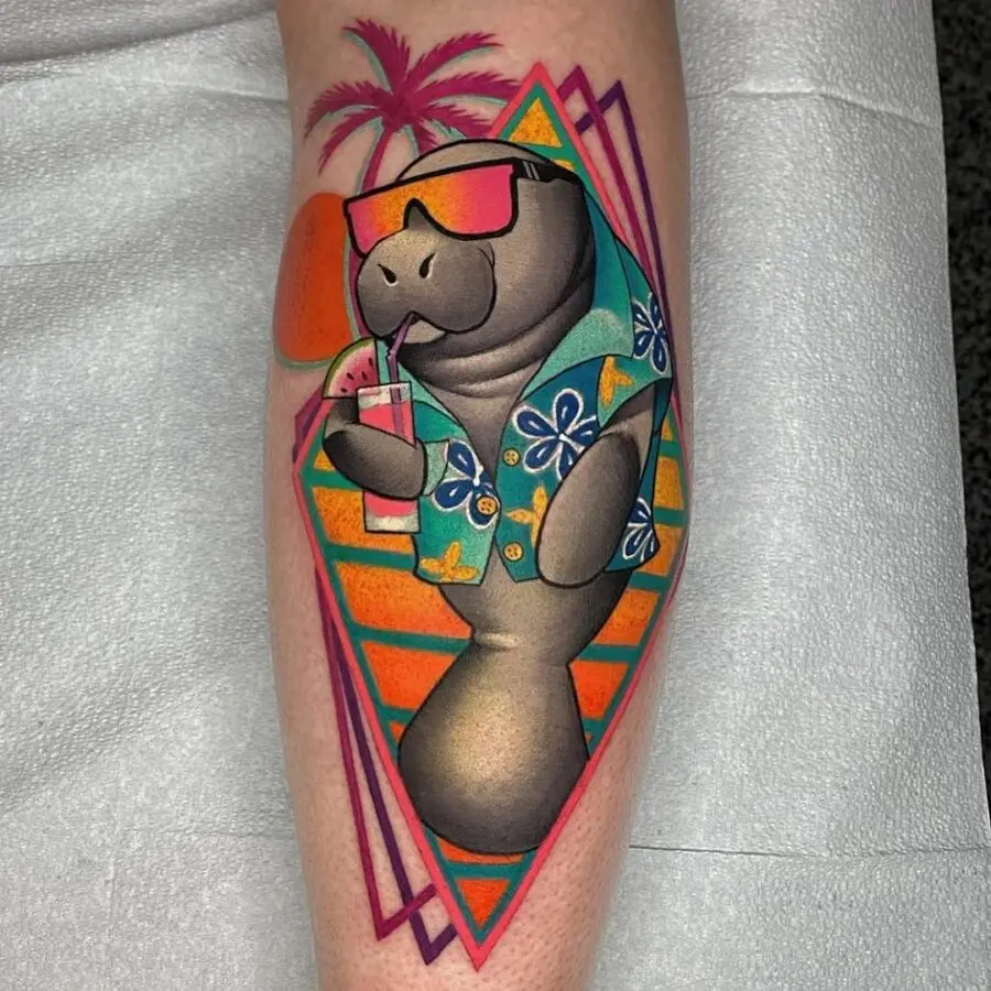 Playful manatee tattoo exuding summer vibes