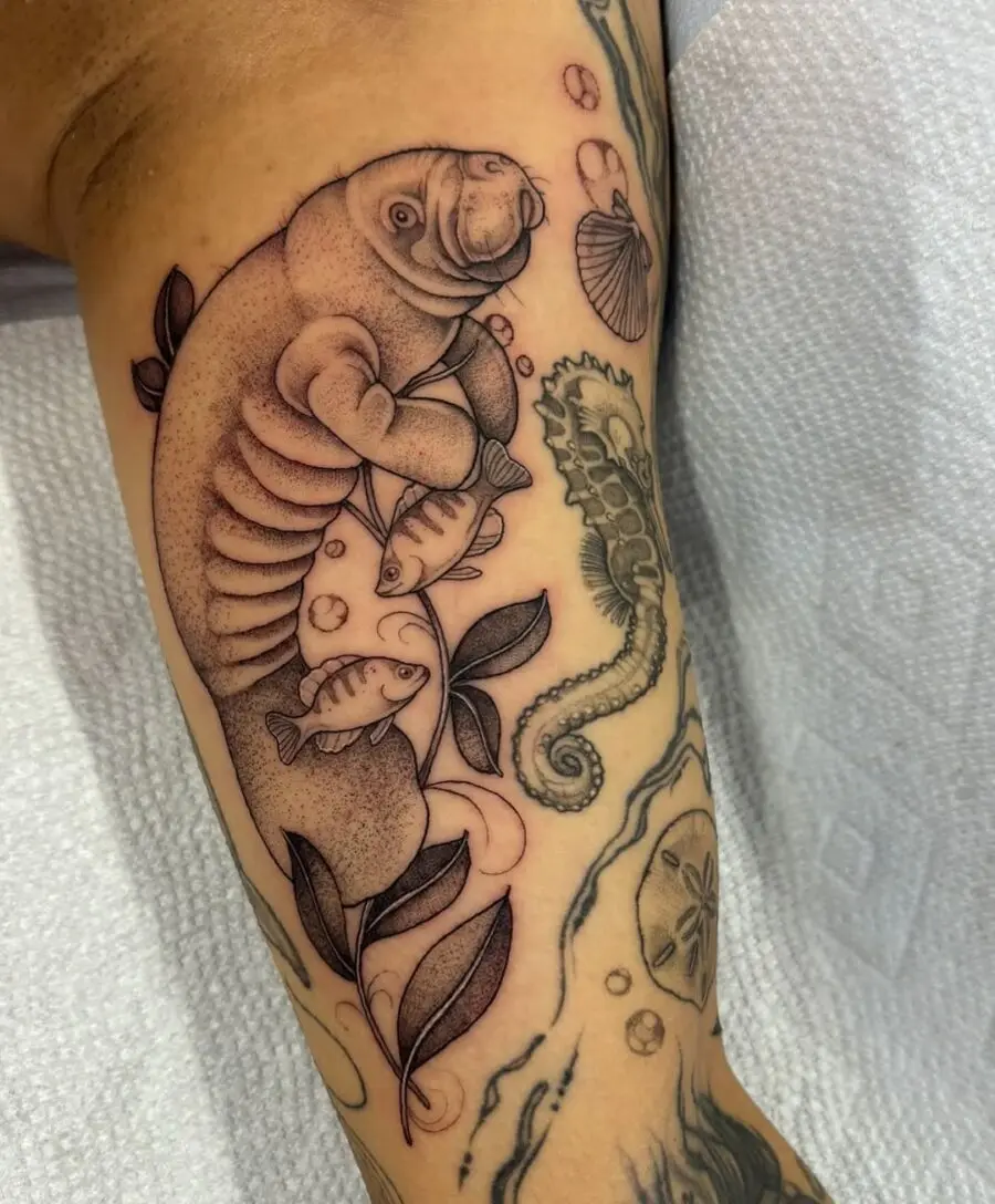 Charming manatee tattoo surrounded by aquatic life
