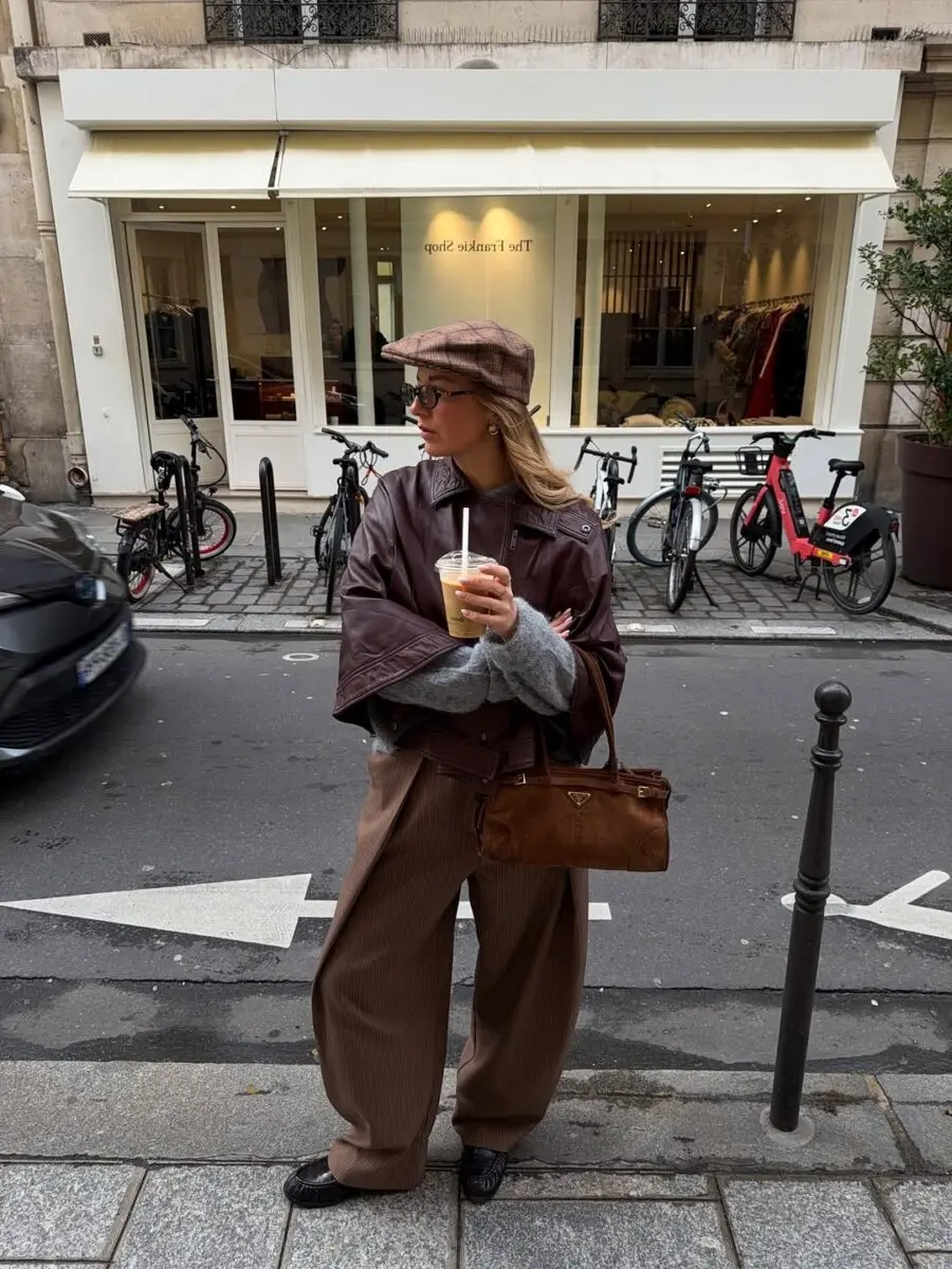 Chic maroon pants with stylish layering elements