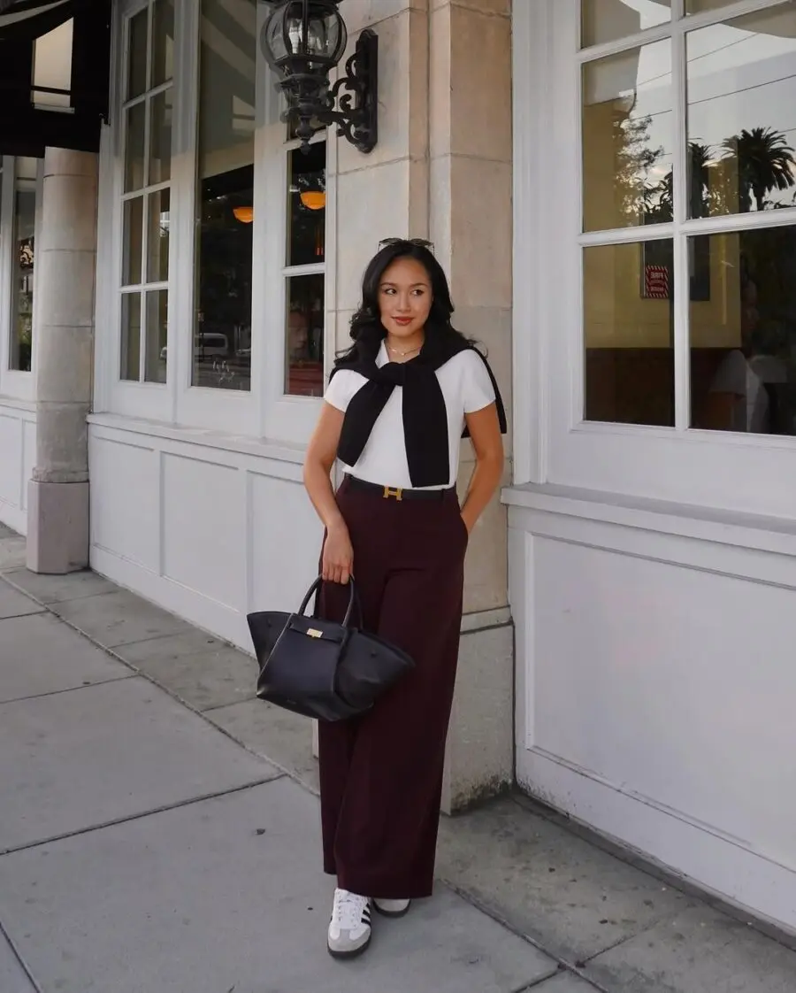 Chic Street Style with Maroon Pants and White Top