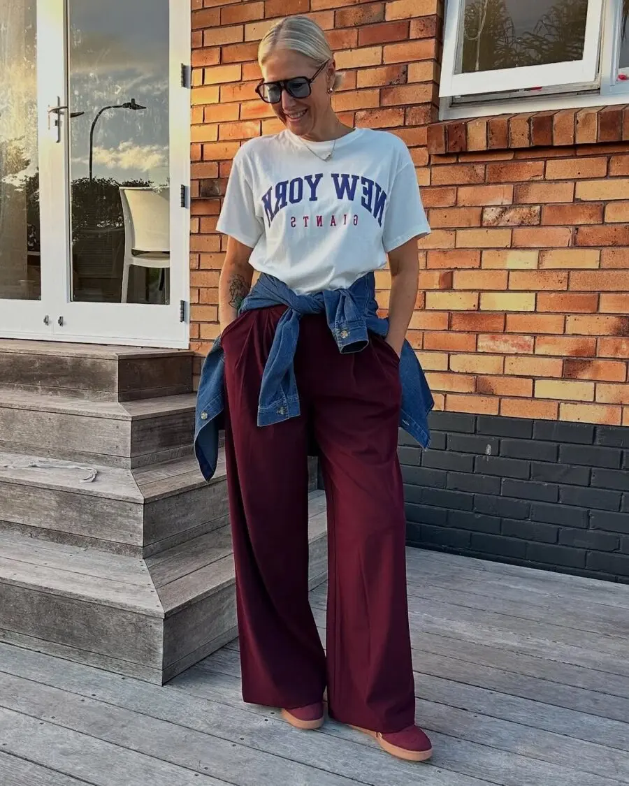 Casual Chic with Maroon Pants and Tee
