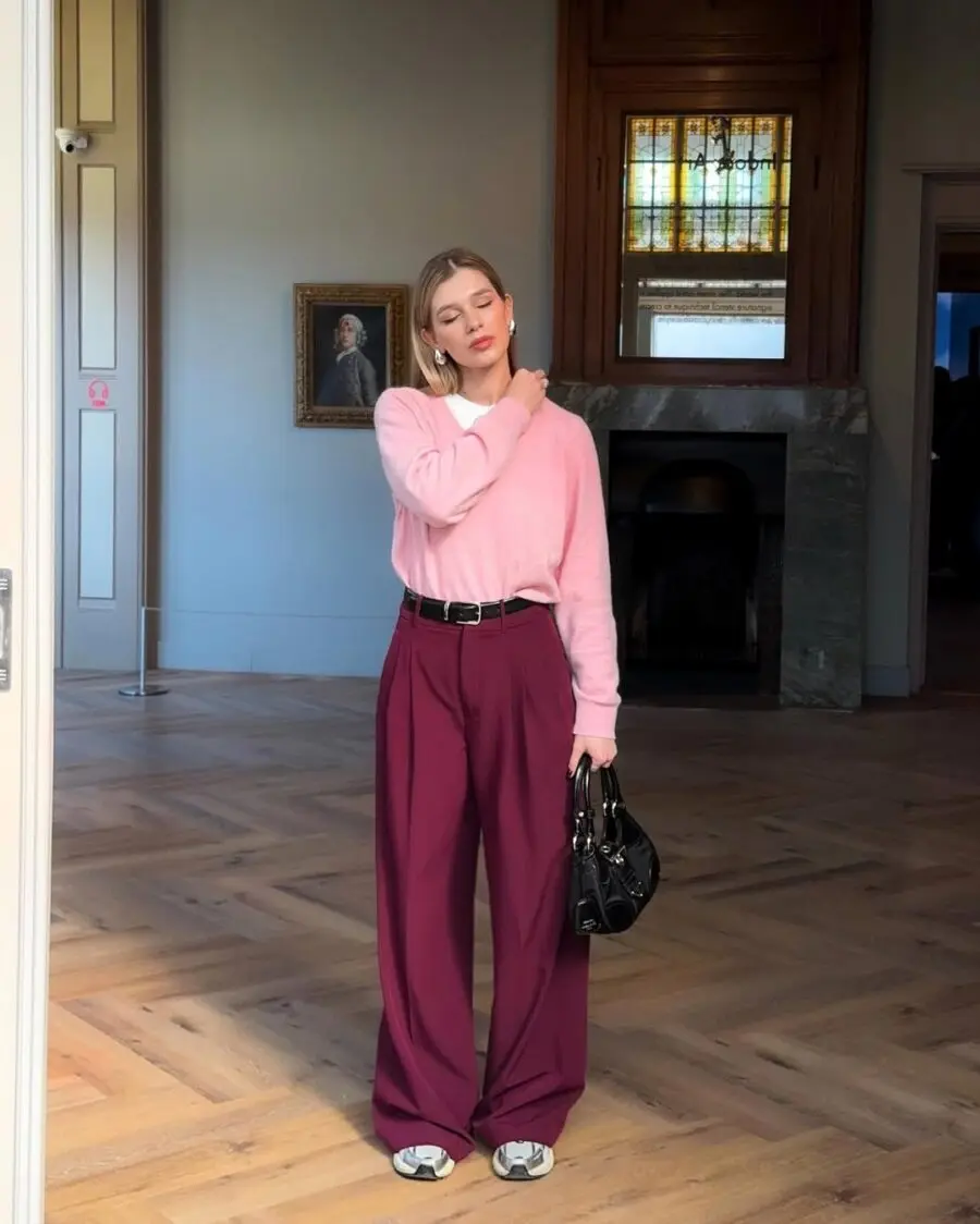 Chic Maroon Pants with Soft Pink Sweater