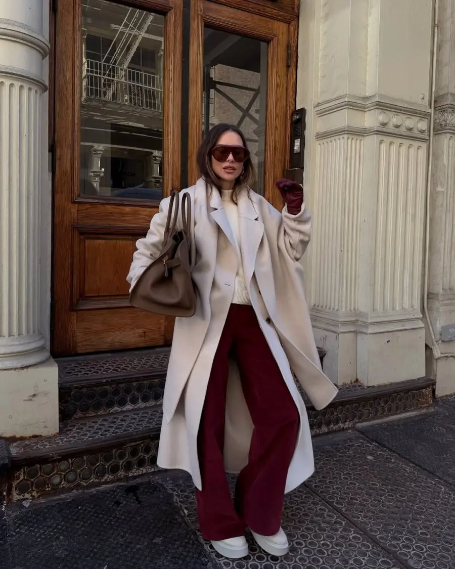 Chic layered outfit featuring maroon pants