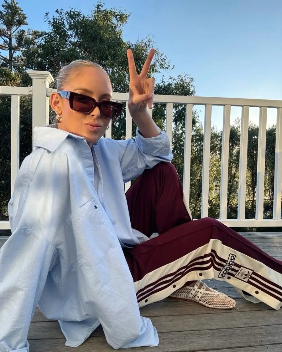 Sporty Chic in Maroon Pants and Light Blue