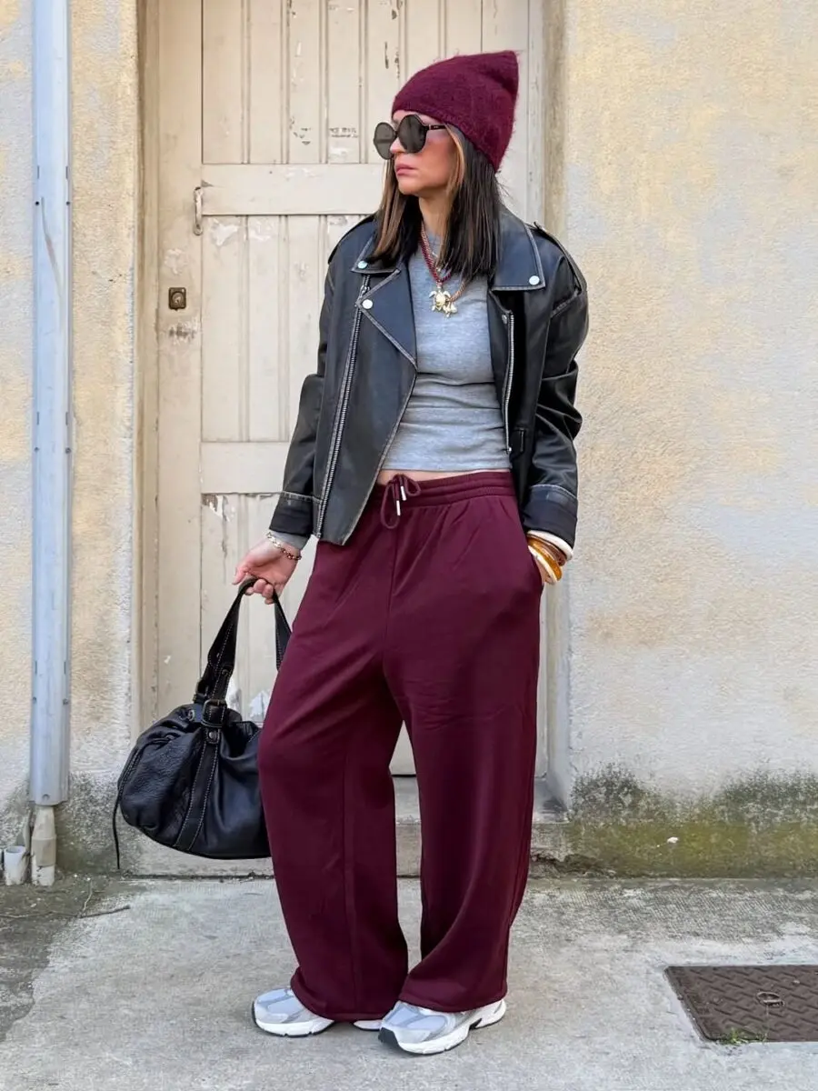 Chic street style with maroon pants and leather