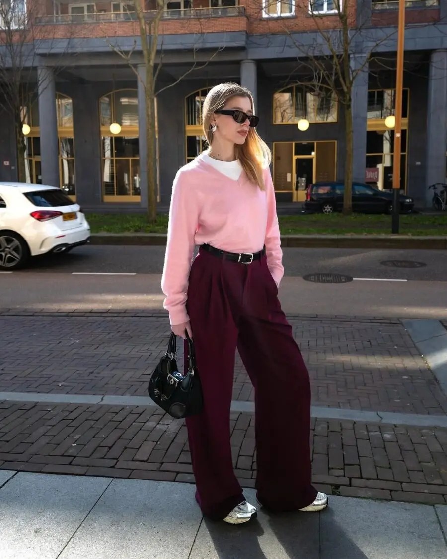 Chic Maroon Pants with a Soft Pink Sweater