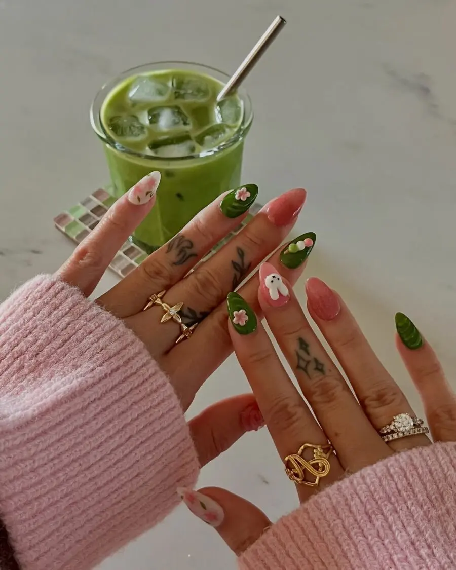 Charming matcha-inspired nails with floral accents