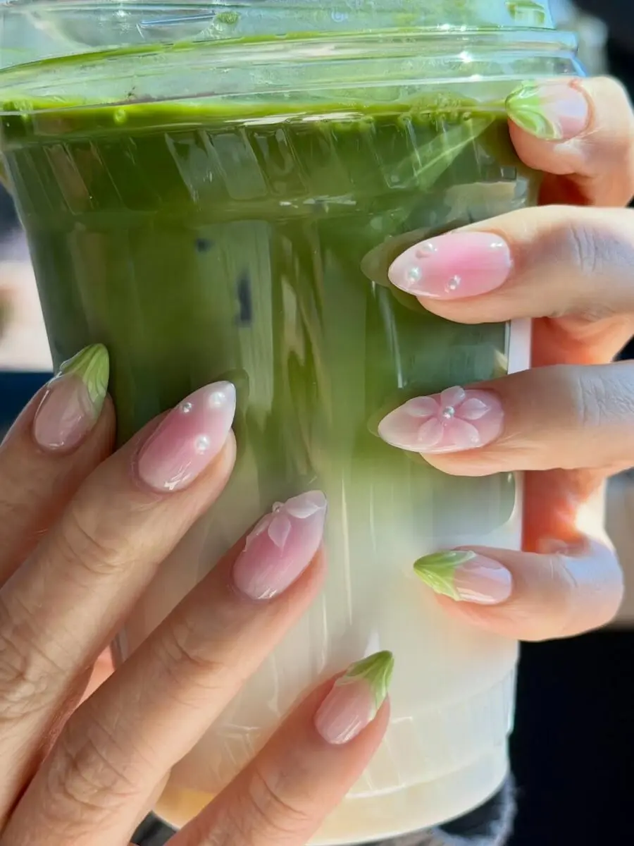 Charming pink and green matcha nail art