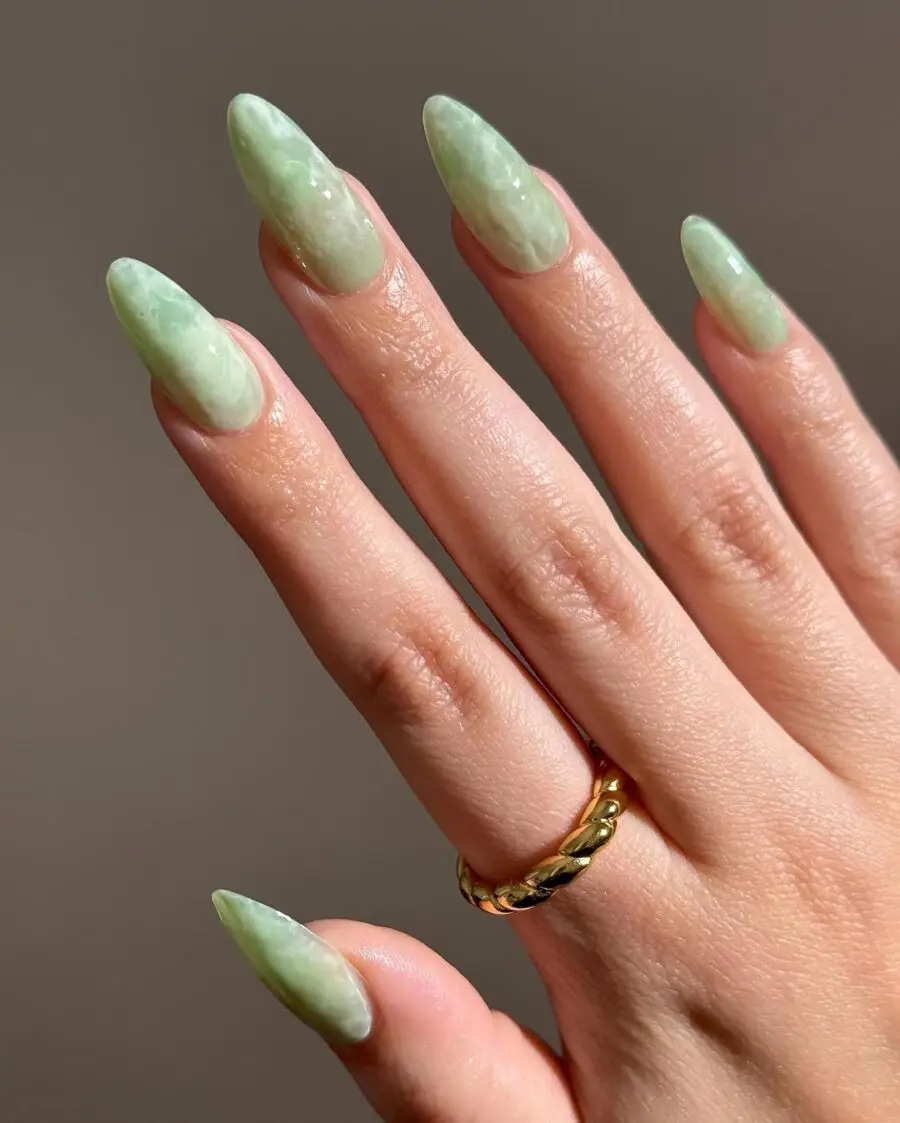 Elegant green matcha almond-shaped nails