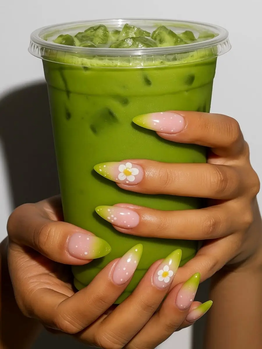 Charming matcha nails with floral accents