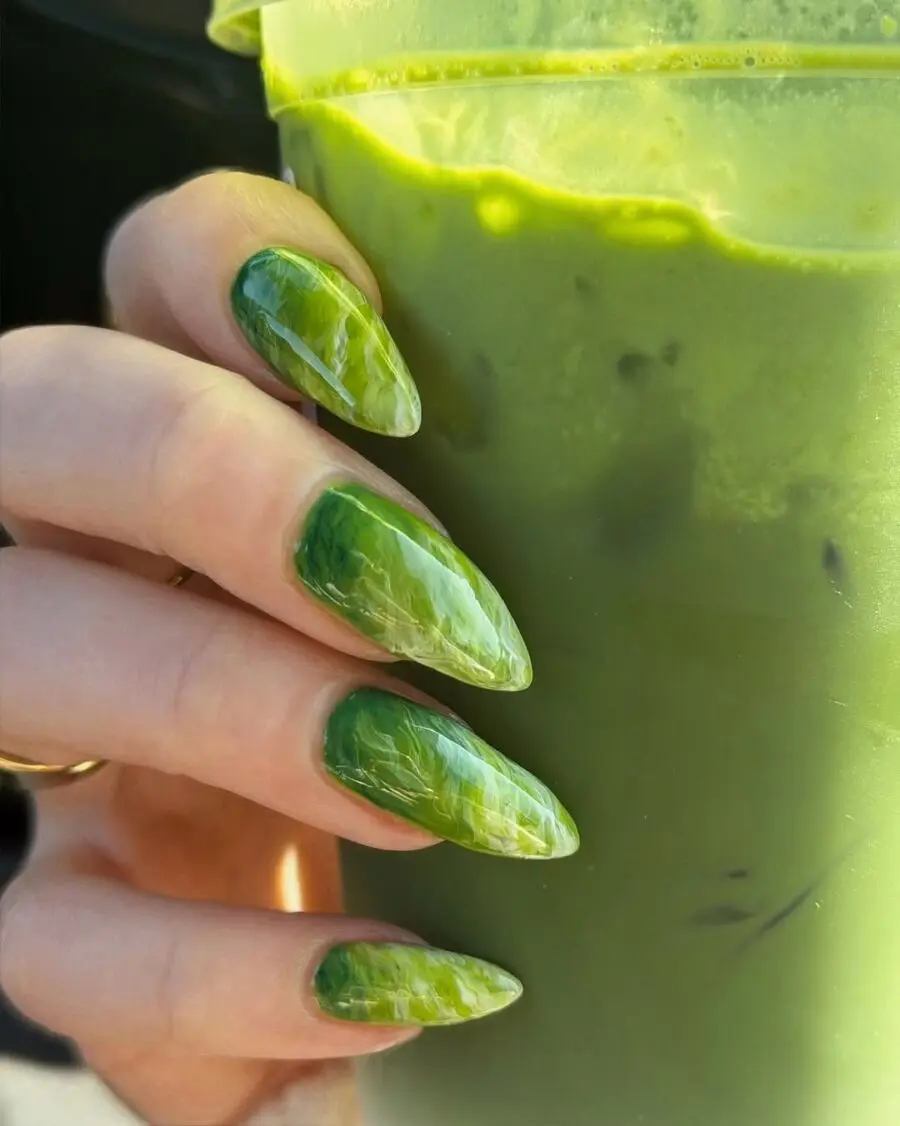 Elegant green marble matcha-inspired nail art