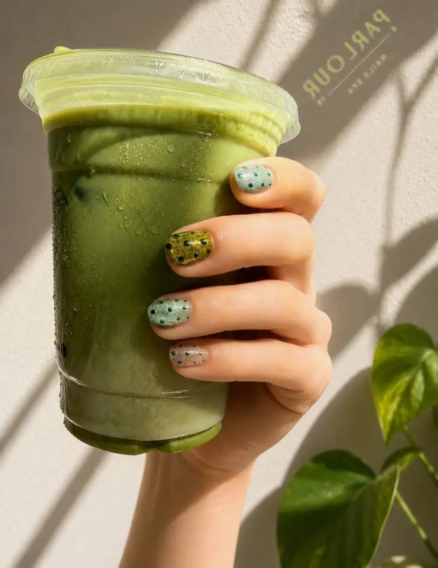 Vibrant green matcha-inspired nail art