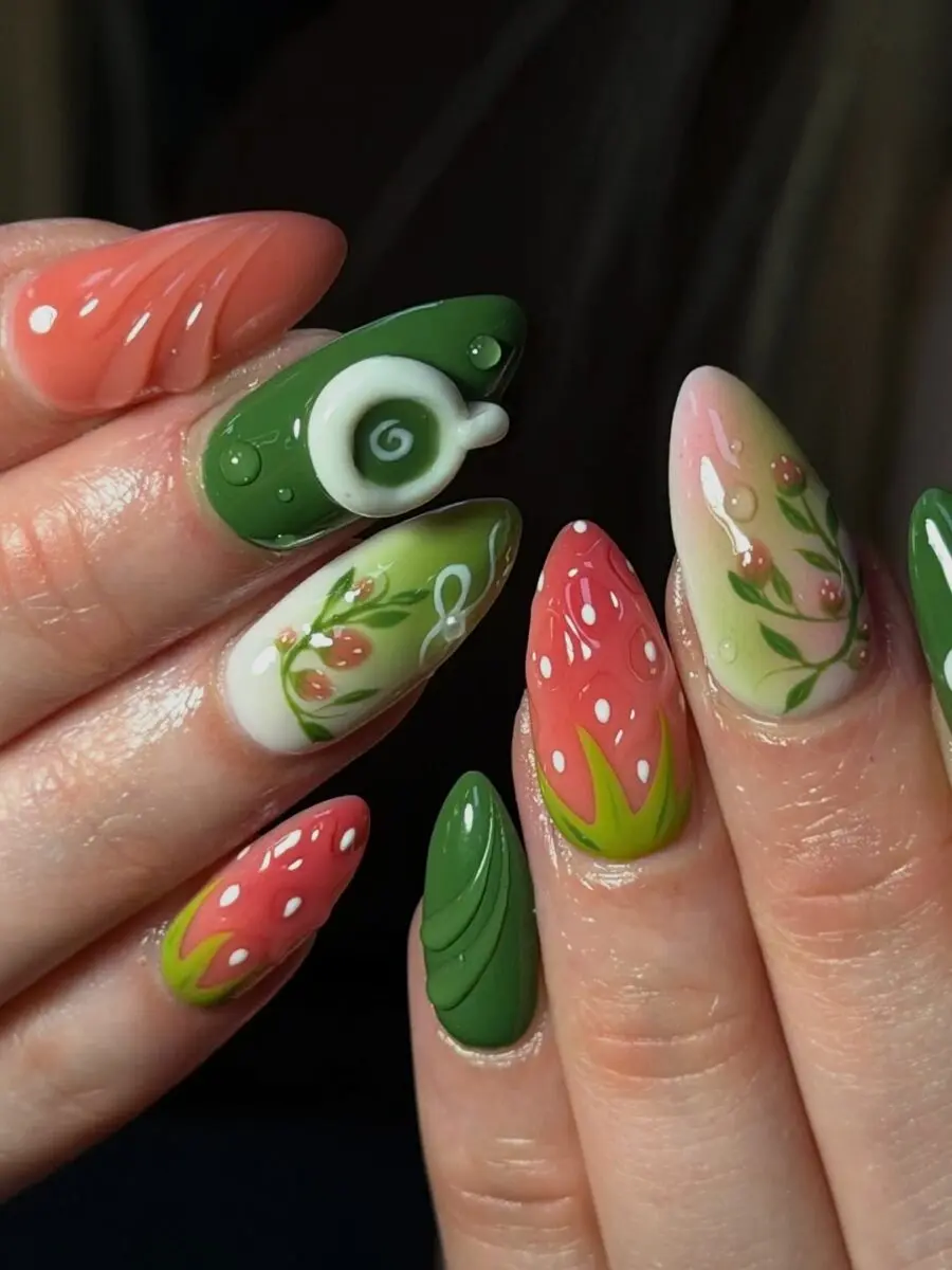Vibrant matcha and strawberry nail art design