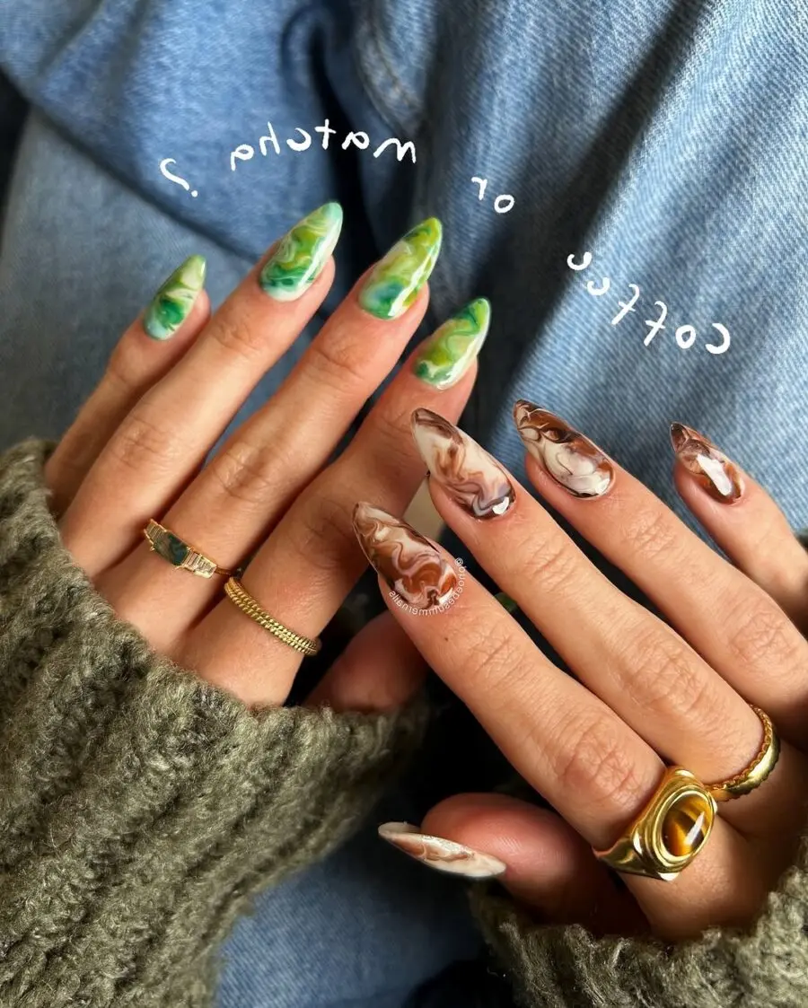 Elegant matcha-inspired marbled nail design