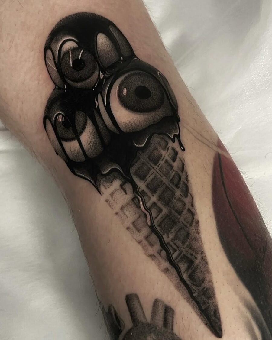 Unique tattoo blending sweetness and surrealism