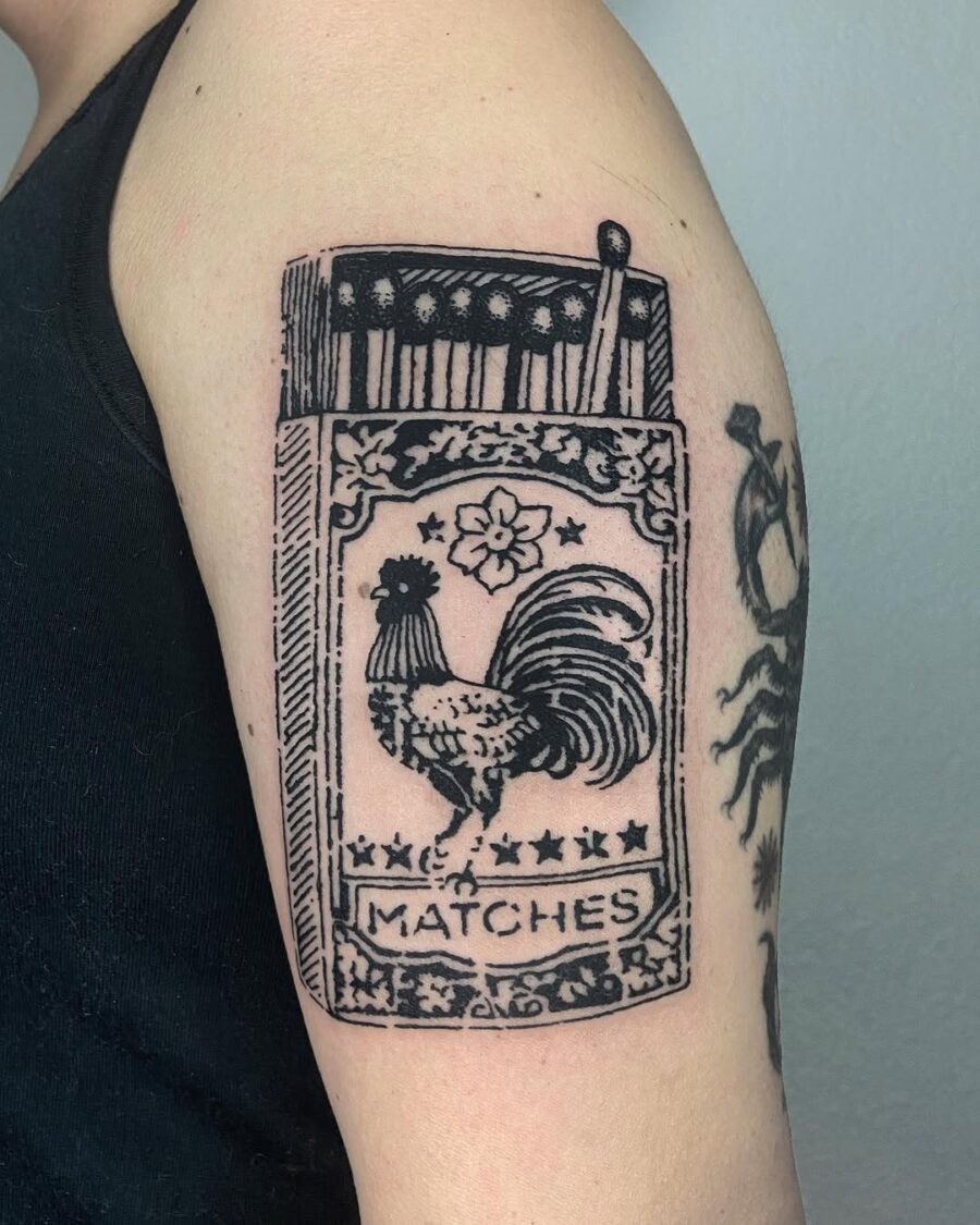 Unique rooster tattoo with matchbox design