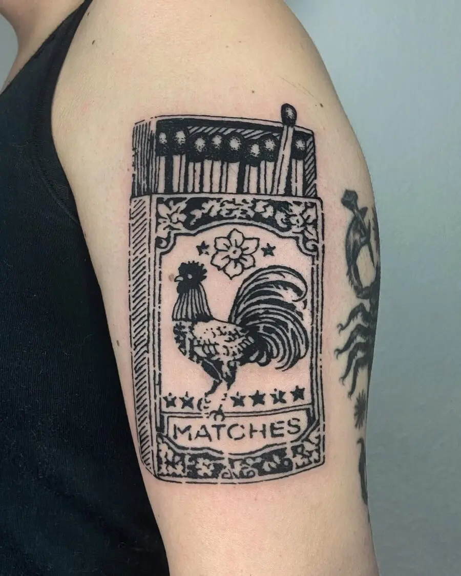 Unique rooster tattoo with matchbox design