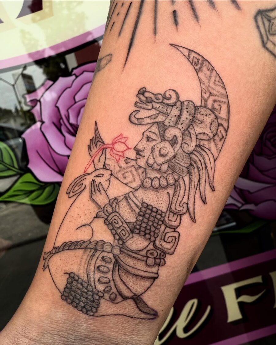 Elegant Aztec goddess tattoo in fine detail