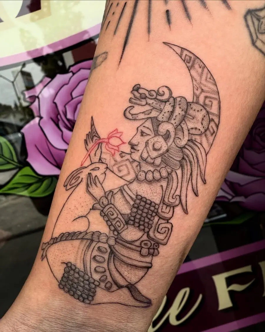 Elegant Aztec goddess tattoo in fine detail