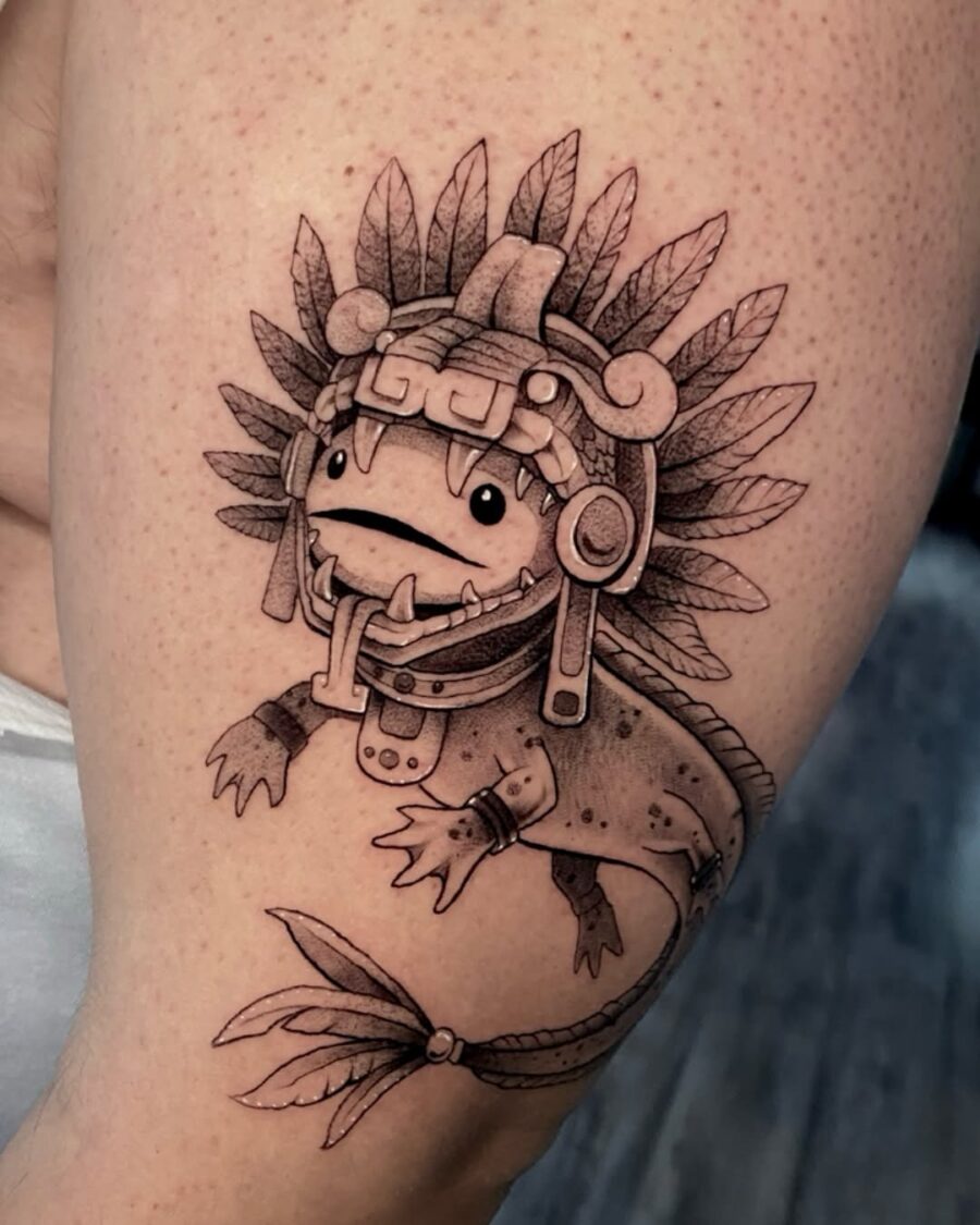 Aztec-inspired lizard tattoo with intricate details