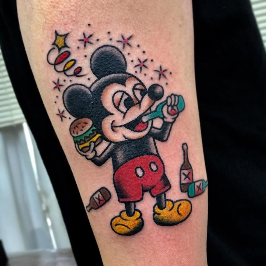 Playful Mickey Enjoying a Burger Tattoo