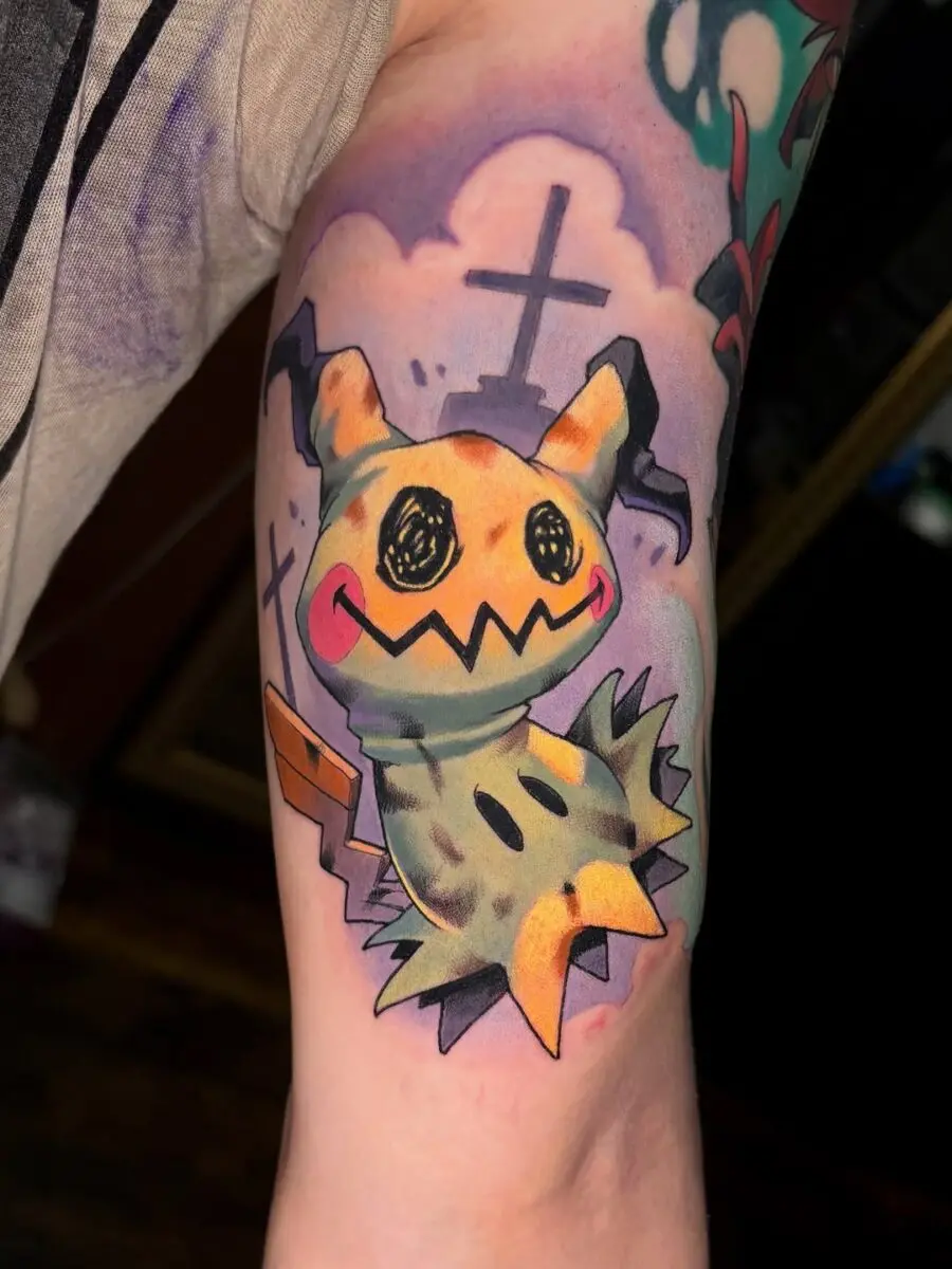 Colorful Mimikyu Tattoo with Playful Vibes