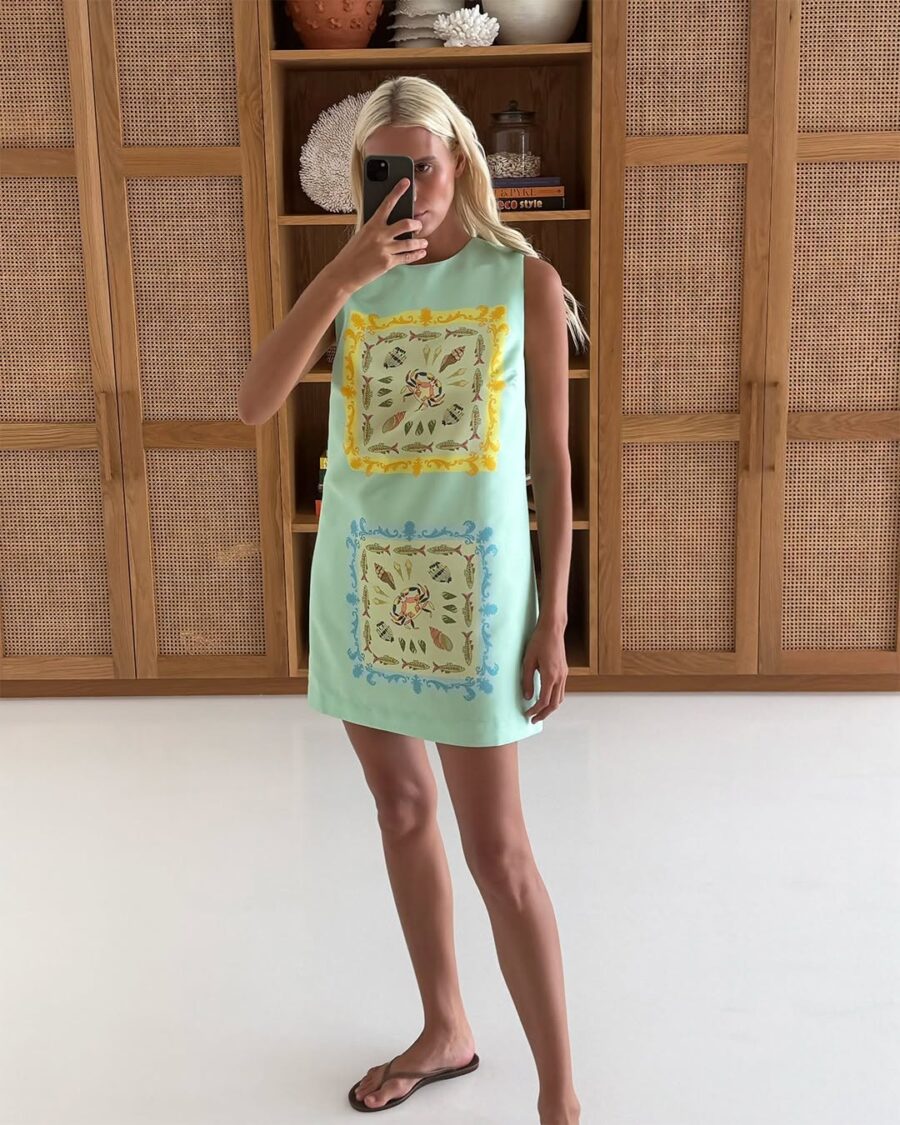Chic Mint Mini Dress with Vibrant Embroidery