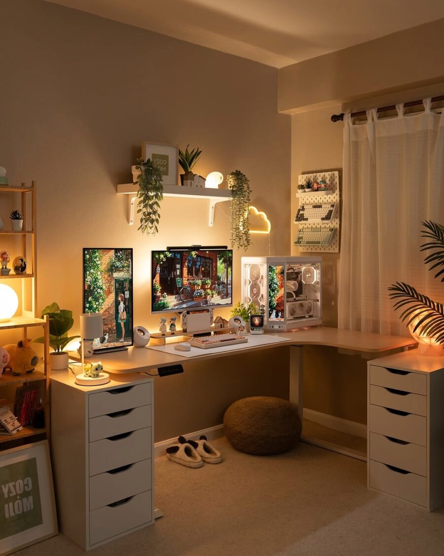 Stylish corner desk with cozy lighting