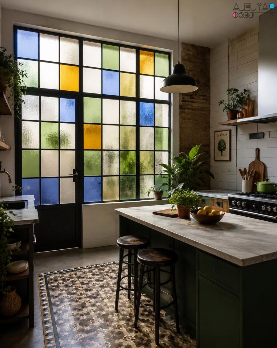 Stylish kitchen with vibrant stained glass