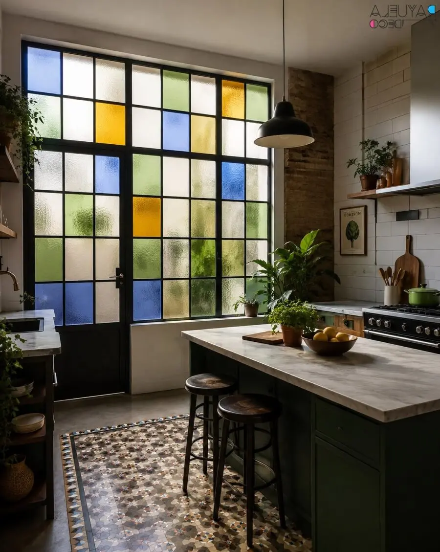Stylish kitchen with vibrant stained glass