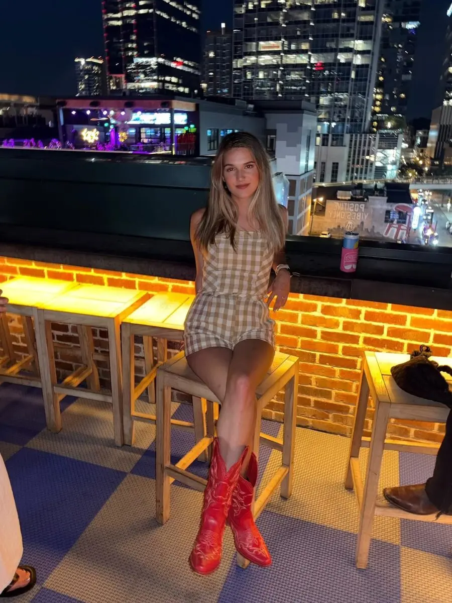 Chic Rooftop Style with Vibrant Red Boots