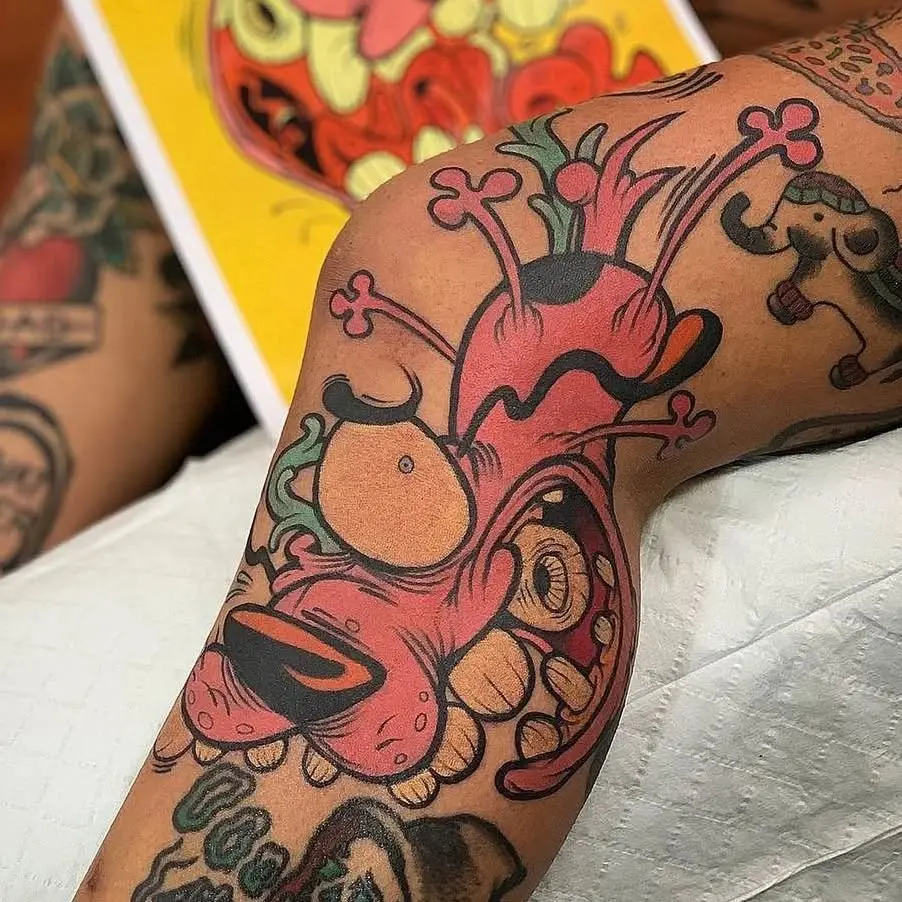 Vibrant cartoon-style new school tattoo design