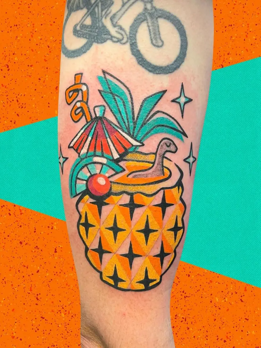 Whimsical pineapple tattoo with playful elements