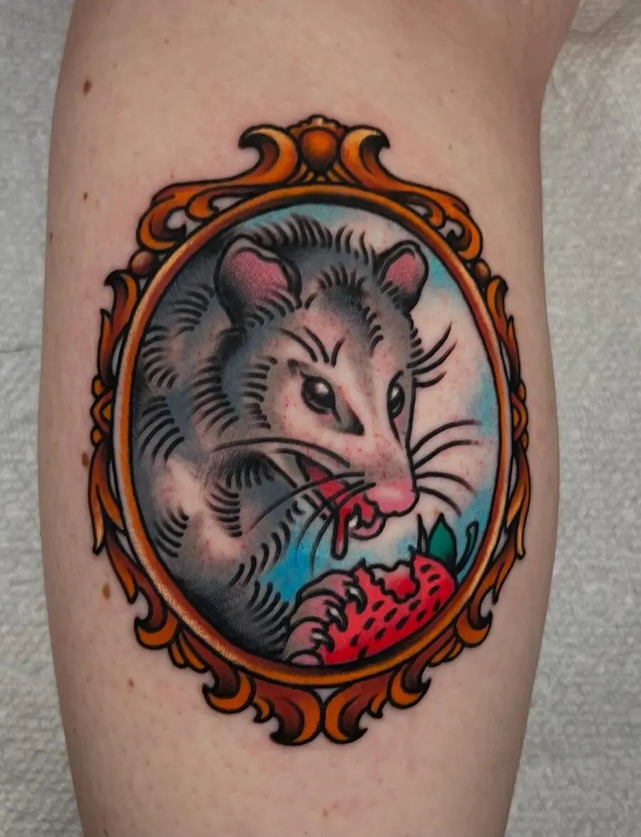 Charming opossum in a strawberry frame tattoo.