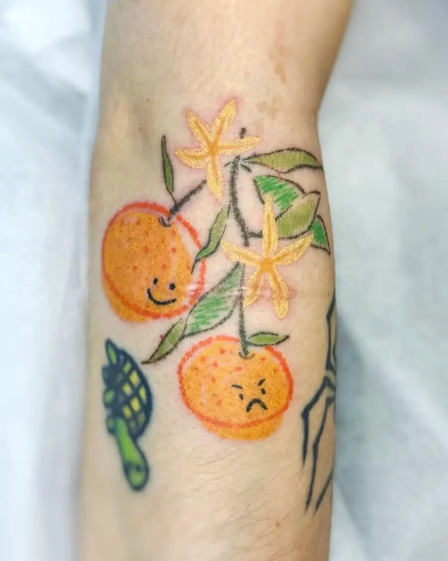 Playful orange tattoos with mixed emotions