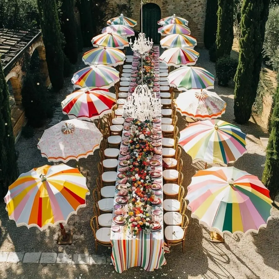 Vibrant Outdoor Table Setting with Umbrellas