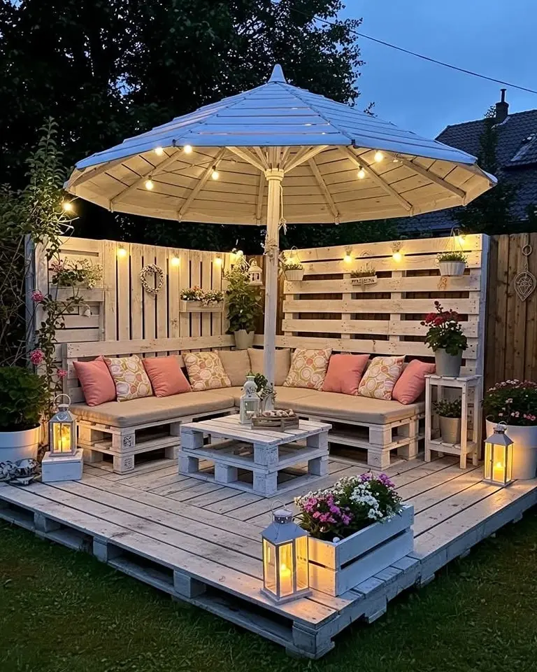 Charming outdoor pallet seating with cozy lighting