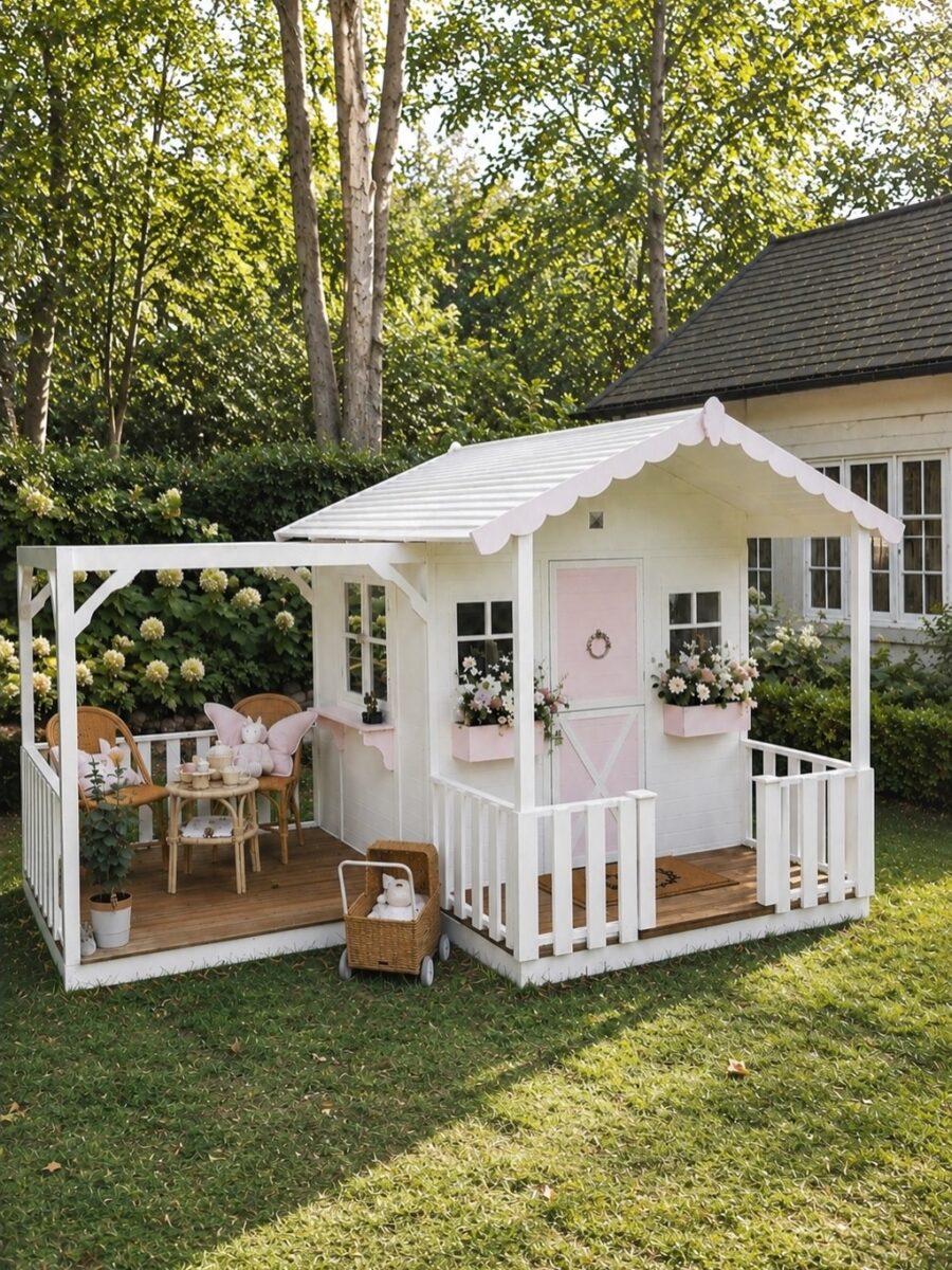 Charming wooden playhouse in a serene garden