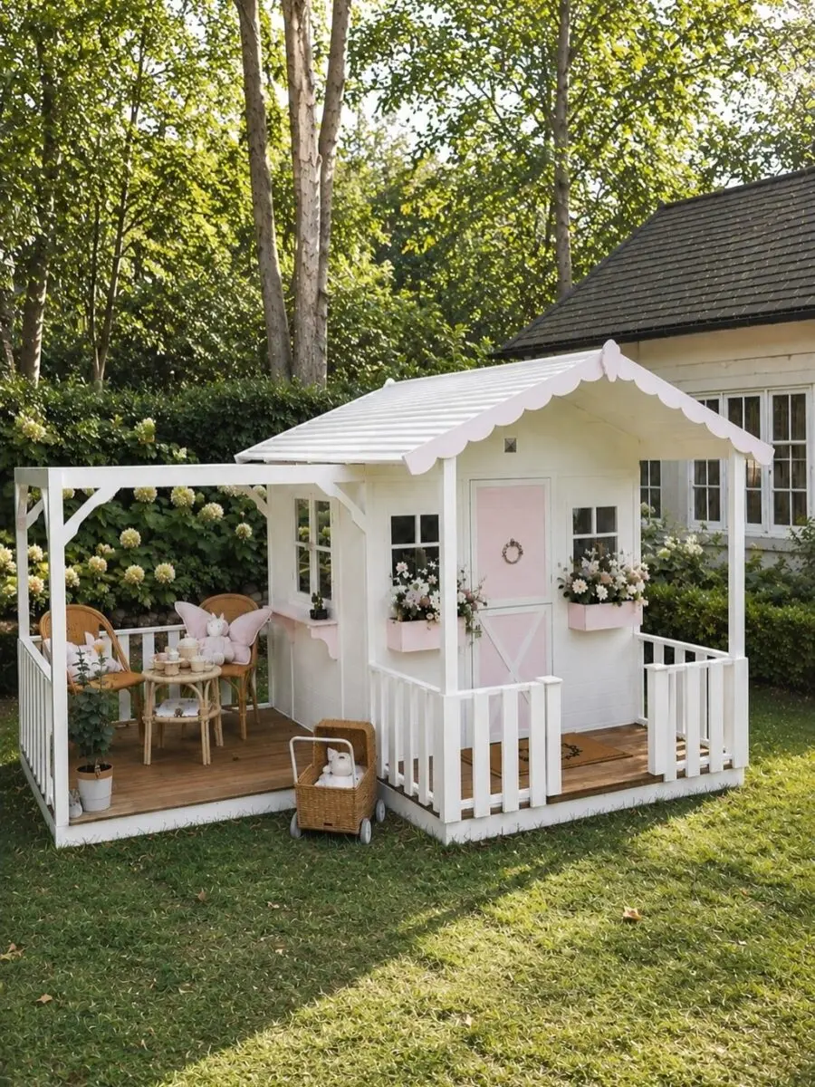 Charming wooden playhouse in a serene garden