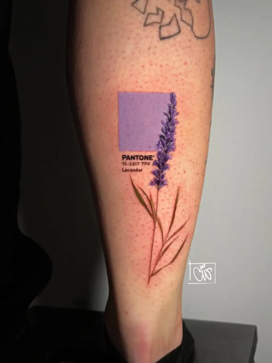 Charming lavender Pantone tattoo with floral touch