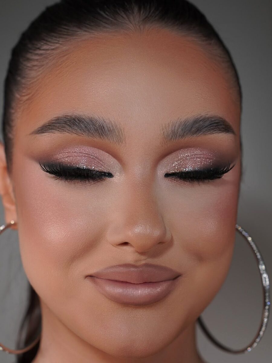 Glamorous glittery eyes and soft nude lips