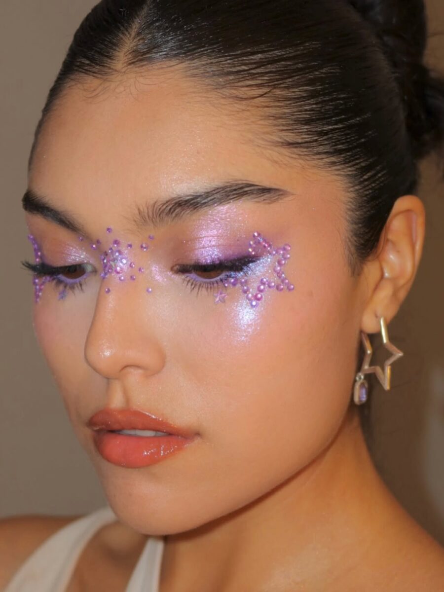 Sparkling Purple Party Makeup with Star Accents